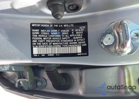 2020 Honda Civic Lx из США, поврежденный, VIN SHHFK7H3XLU220052